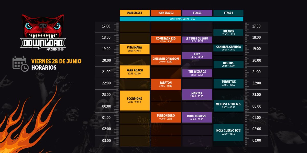 DownloadFestMad's tweet photo. ¡Hoy empieza Download Madrid 2019! 🤘🤘🤘 Ésta es la jornada que nos espera. https://t.co/1qzdP4U5W6
