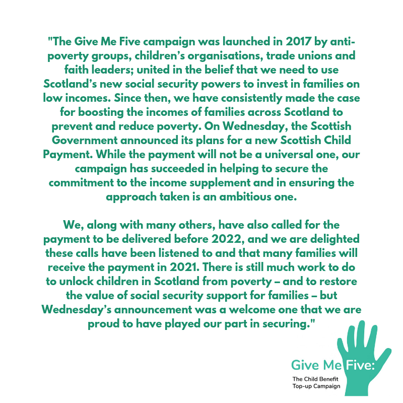 On Wednesday, the Scottish Government announced plans for its new Scottish Child Payment. It also announced plans to fast-track delivery of the payment for children under 6. This is a milestone moment and we're proud to have played our part. Here's our response.