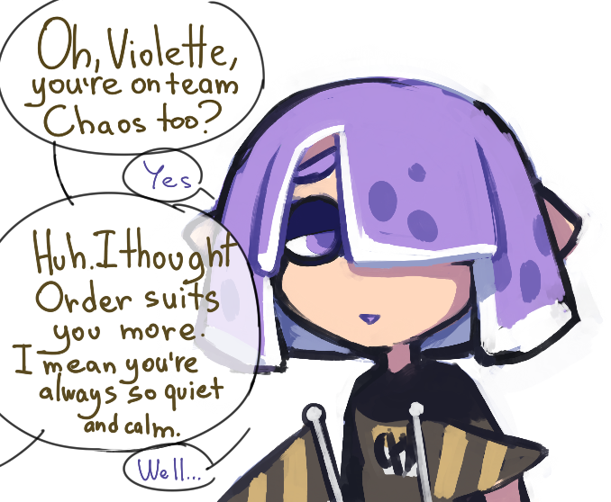 I felt like doing small comic about my Splatoon OCs.
Meet the joyful and loud Purpure, and calm and serious Violette 