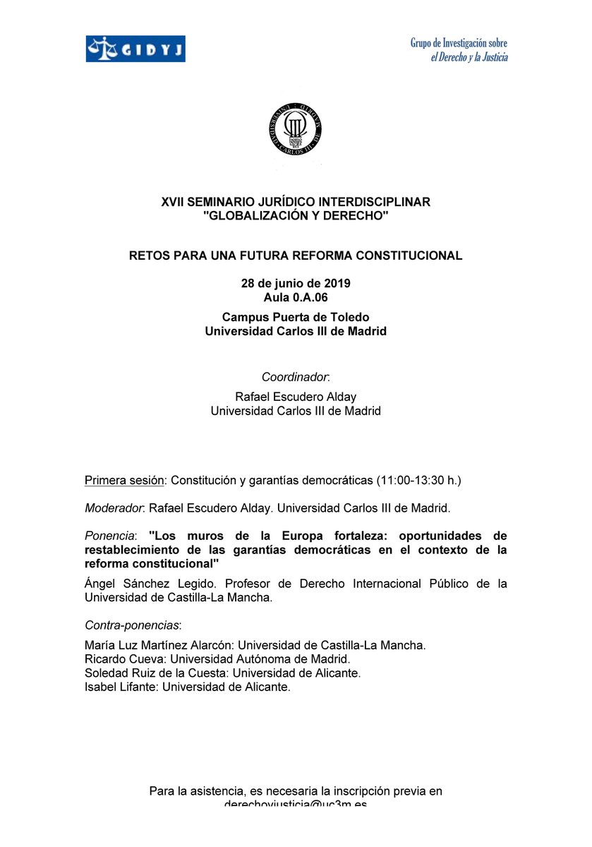 FacDerechoAB's tweet photo. Varios de nuestros profesores están hoy en @uc3m participando en el XVII Seminario Jurídico Interdisciplinar "Globalización y Derecho", cuyo tema central es "Retos para una futura reforma constitucional" . Seguro que de este encuentro surgen grandes ideas 👇🏻👇🏻 https://t.co/telfu5rziw