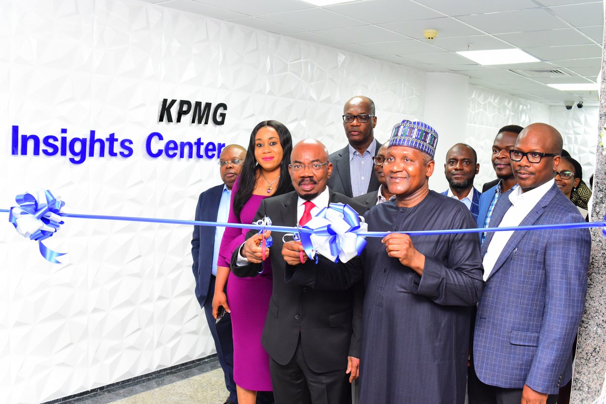 KPMG_NG's tweet photo. The formal opening of the #KPMGNigeriaInightsCentre as performed by (L-R) @Josephtegbe; Jim Ovia; Alhaji Aliko Dangote; Nneka Eluma; @KunleElebute @olu_olayinka #KPMGNigeria #KPMGAfrica #KPMGData #KPMGAnalytics #KPMGInnovationHub https://t.co/gYMTBlpbb8