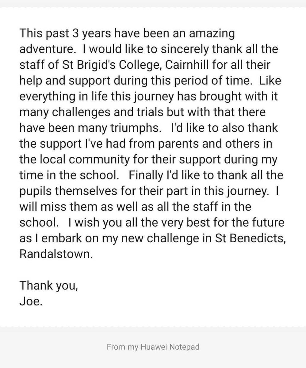 postie1992's tweet photo. I would like to publicly thank all of the staff, pupils and parents connected to @StBrigidsDerry for everything they have done for me over the last 3 years. It has been an unreal experience #illneverforgetit https://t.co/2BBFsvISI7