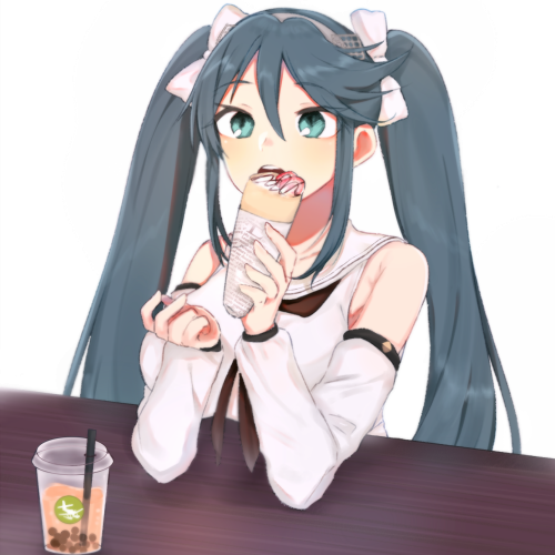 isuzu (kancolle) 1girl twintails solo long hair food school uniform bubble tea  illustration images