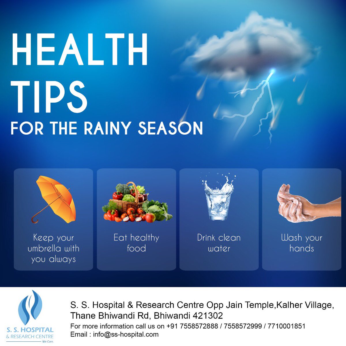 SS_HOSP's tweet photo. Monsoons will be beautiful and all fun only if you are healthy and fit! Make sure you follow these tips this monsoon.
#SSHospital #Thane #WeCare #YourPersonalHealthcarePartner #Bhiwandi #HealthTip #RainyTips https://t.co/YTc97SJtVc