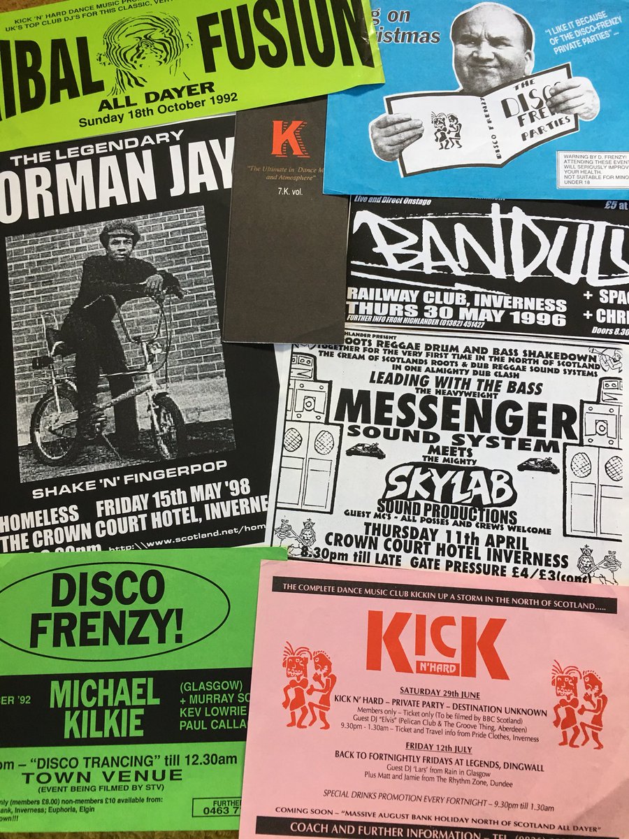 Pulled these Inverness flyers out the dusty shoebox archive for a project called Highland Club Culture. They go back 21-27yrs. Tad primitive, lettraset style but did the job Tribal Fusion - Disco Frenzy - Homeless - Kick N Hard - Messenger - Highlander Presents #inverness #clubs