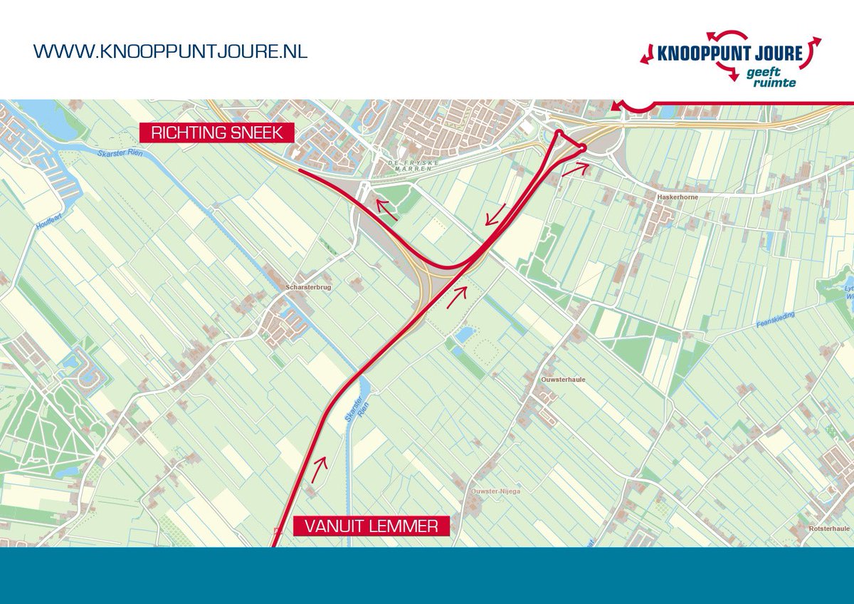 Morgen, zaterdag 29 juni, werken we van 06.00 uur tot 15.00 uur aan de fly-over van Lemmer naar Sneek. Tijdens deze werkzaamheden is de boog vanuit Lemmer naar Sneek afgesloten voor verkeer. Het verkeer leiden we om via de af- en toerit bij Joure.