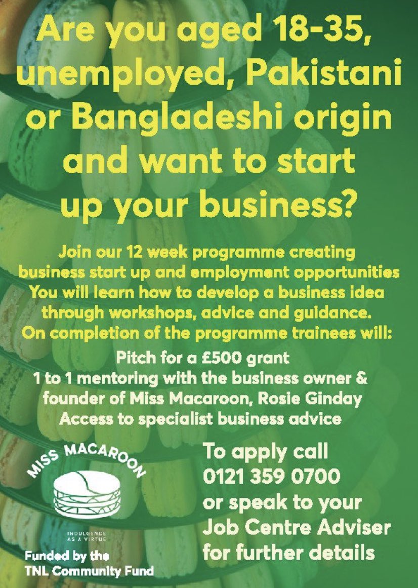 Get the opportunity to win a £500 start up grant at the end of our Pickles Project! If you’re unemployed &amp; from the #Bangladeshi and #Pakistani community, we’re looking to recruit 6 people aged 18-35 &amp; 35+ Contact us by 1st July on 01213590700/socialimpact@missmacaroon.co.uk