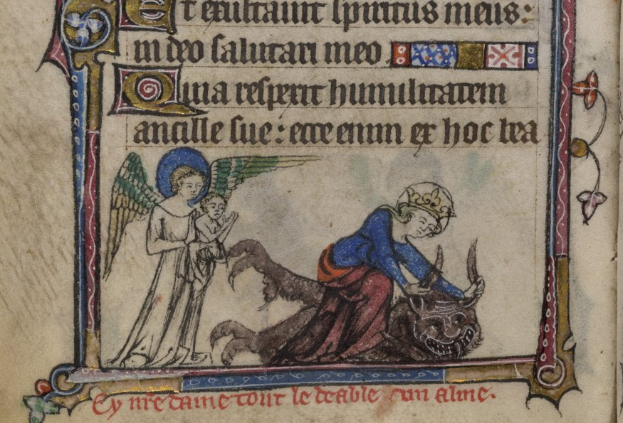 MonicaAnnWalker's tweet photo. LOL! I can't...! I am down the rabbit hole of research madness again! Look what I found! How hardcore is the Virgin Mary that she takes the Devil down by the horns? From the Taymouth Hours ( @BLMedieval, MS. Yates Thompson 13, fol. 155v). #medievaltwitter #Deviltakedown https://t.co/Mw2loVsfmB