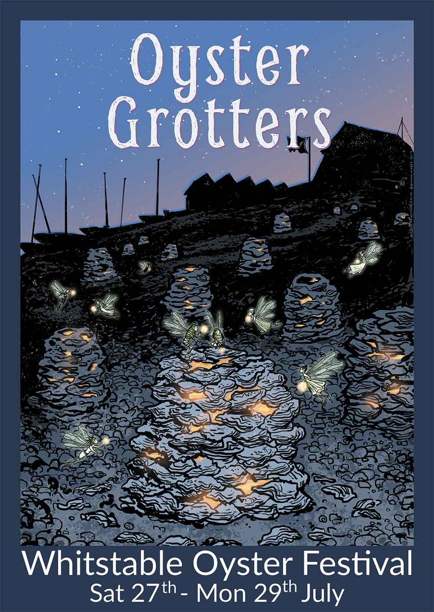 Really thrilled that my Weird Whitstable prints are being used by the Whitstable Oyster Festival this year! Including a new image that features the wonderful and magical little Grotter Fairies who can sometimes be seen flitting about the beach areas on summer evenings.