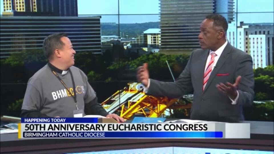 bhmec2019's tweet photo. Father Vu was interviewed by @TheArtFranklin on @CBS_42 this morning to talk about the Eucharistic Congress this weekend at @BJCC — Eucharistic procession tonight from BJCC to the Cathedral of Saint Paul, adoration all night at the Cathedral till 7am https://t.co/CuDx6ljIHs https://t.co/V7XEE2Iw0m