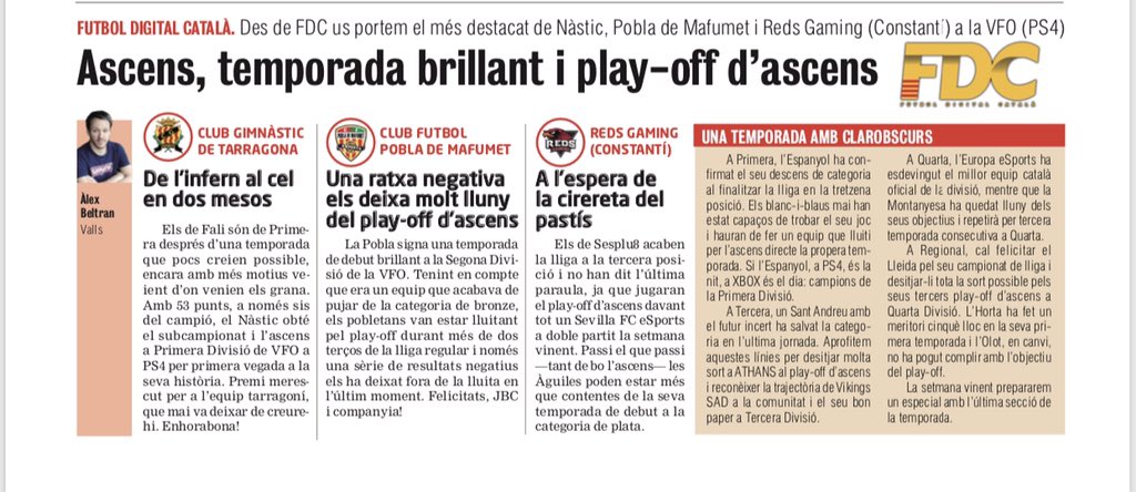 En paper📰| Avui, a <a href="/elvallenc/">El Vallenc</a>: 

✅ L’actualitat del <a href="/NasticeSports/">Nàstic eSports</a>, la @PoblaeSports i el @RedsGamingFIFA (Constantí) a la <a href="/VFOspain_ps/">VFOspain PS</a> 

✅ El descens del <a href="/RCDeSports/">RCD Espanyol eSports</a> , la salvació de la @UESAeSports , l’adeu de <a href="/VikingsSAD/">Vikings SAD</a> i la lliga del <a href="/LleidaEsports/">Lleida Esportiu eSports</a>