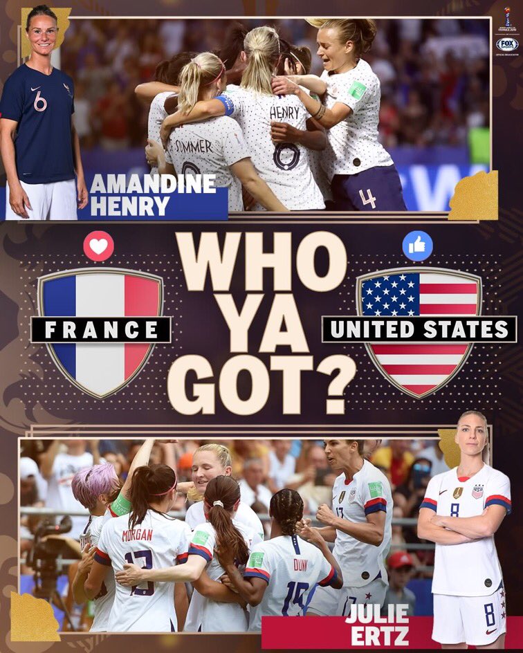 SanJacRecSports's tweet photo. Who ya got today? France or USA? Winner is favored to win it all. We’re all in for the 🇺🇸! #worldcup2019🏆 #USA #defend #soccer #futbol https://t.co/FRYVH1YUvF