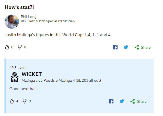 NufcNeilo's tweet photo. @BBCSport I know Malinga is good, but even he can't get caught off of his own bowling! #bbccricket https://t.co/N2eyMWTphz