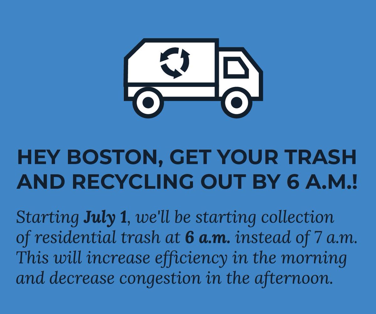 BostonPWD's tweet photo. 📢A reminder to @CityOfBoston residents that beginning on Monday, July 1, we'll be starting collection of residential trash at 6 AM instead of 7 AM. This means trash will be on the curb for fewer hours, resulting in less litter and fewer obstructed sidewalks. Spread the word! https://t.co/NBCwaDAxgF