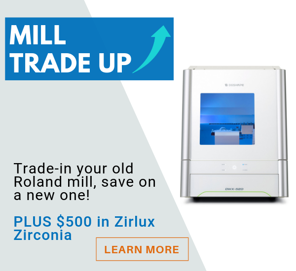 ZahnDental's tweet photo. LAST CHANCE! Trade-in your old DWX-50 &amp; get a new Roland DWX-52D AND $500 worth of Zirlux Zirconia. Call 800-496-9500 today! https://t.co/Z8icJfasOC