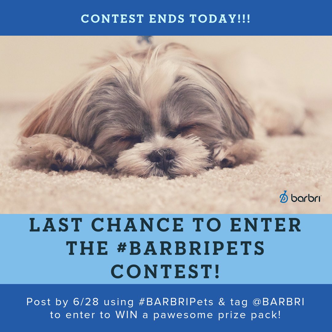 barbri's tweet photo. Do not forget! Today is the last day to enter the #BARBRIPets contest! You could win a $50 PetCo gift card or other great prizes! Just tag @BARBRI and use #BARBRIPets in your post! https://t.co/PWWaiQQoKR