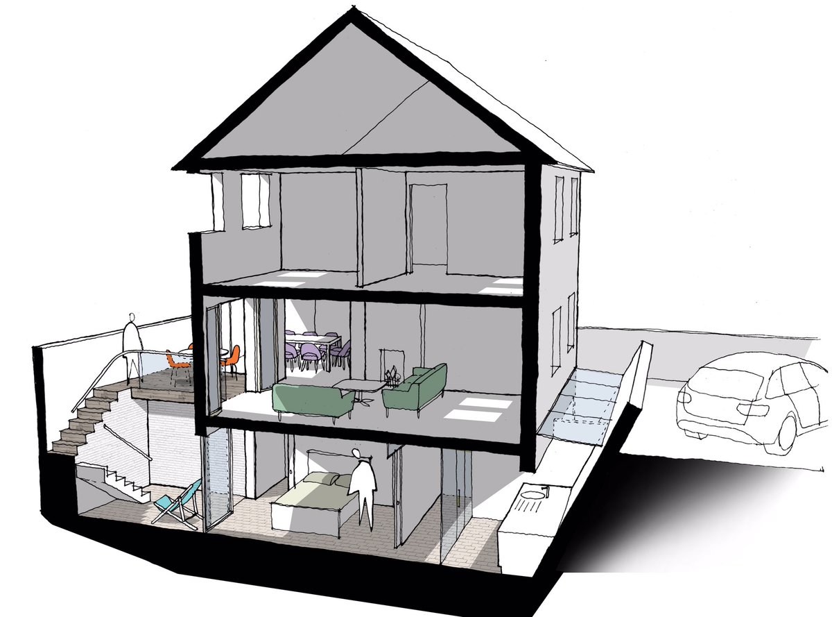 potentialetc's tweet image. Basements cost around twice as much as ordinary extensions so don’t let them be dark spaces. In this design I show how to get light into the basement using split-level &amp;amp; angular lightwells plus glazed internal partitions. Commission me to do an architectural design study for you.