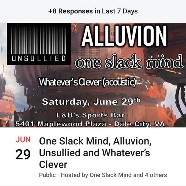 TOMORROW we at L&amp;B's sports bar! Show starts at 8pm! W/@oneslackmind
<a href="/unsulliedband/">Unsullied</a> and @theyve_been_lying_to_you_man
.
.
.
.
#officialalluvion  #concert #metal #psychmetal #post-metal #melodic-metal #music #virginiametal #ripper #nova #rock ift.tt/2ZPqBTI