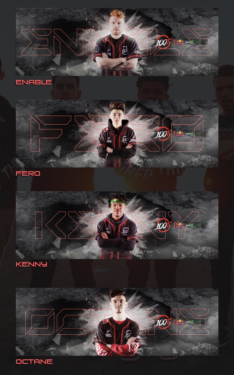 concepts_matt's tweet photo. Team headers for @100Thieves // Yes some of these players have left and also I don't know their @'s xD 
Behance: https://t.co/0h8gmif9Fl?
Likes and retweets would greatly appreciated :D https://t.co/va7RgOdgCd
