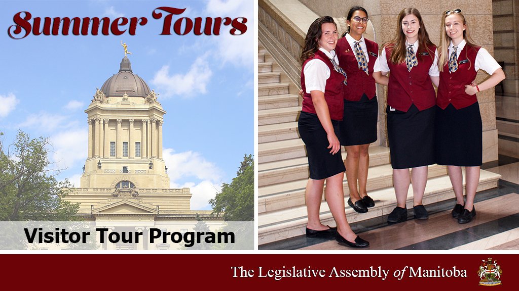 MBLegislature's tweet photo. FREE guided tours are available from July 1 until Labour Day! 7 days a week, including STAT holidays. 
First tour leaves at 9:00 am, last tour leaves at 4:00 pm.
Have more than 10 people? Let us know!
https://t.co/YTeVEdU6R7
#LegMB #visitortourprogram #tourgroups #summerfun https://t.co/9Zf8UbWQvl