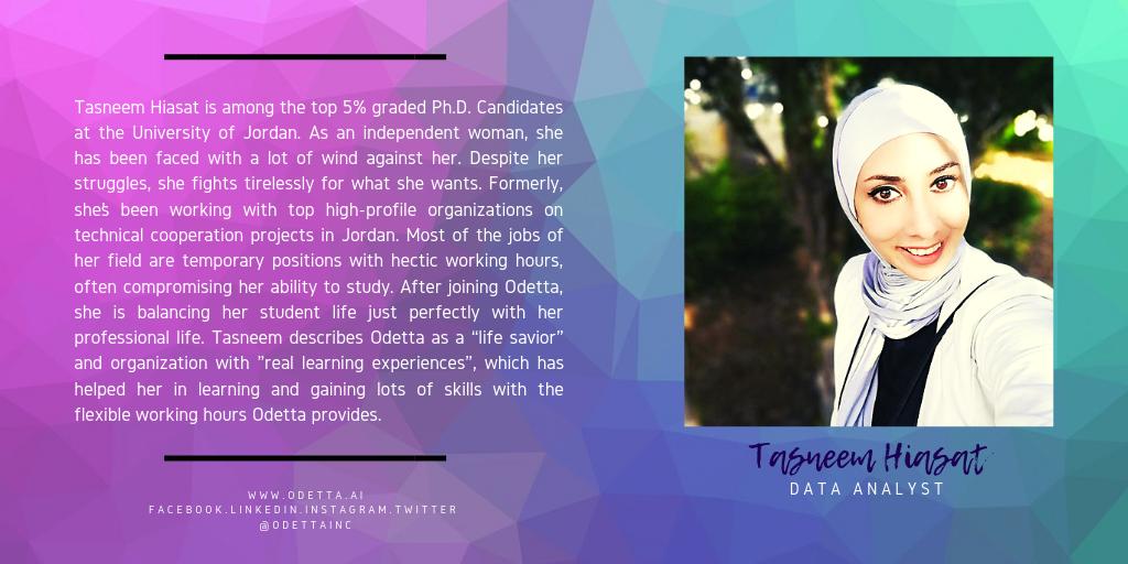 OdettaInc's tweet photo. #MeetTheTeam 

Odetta is proud to share an inspirational story of Taseem Hiasat from Amman, Jordan. 

#OdettaInc #TeamOdetta #SheCreates #womenintech #WomenInSTEM #womenempowerment #womeninspiringwomen #womencreatinghistory #teamstory #womentechmakers #womenbreakingbarriers https://t.co/Q5EyQPldlv