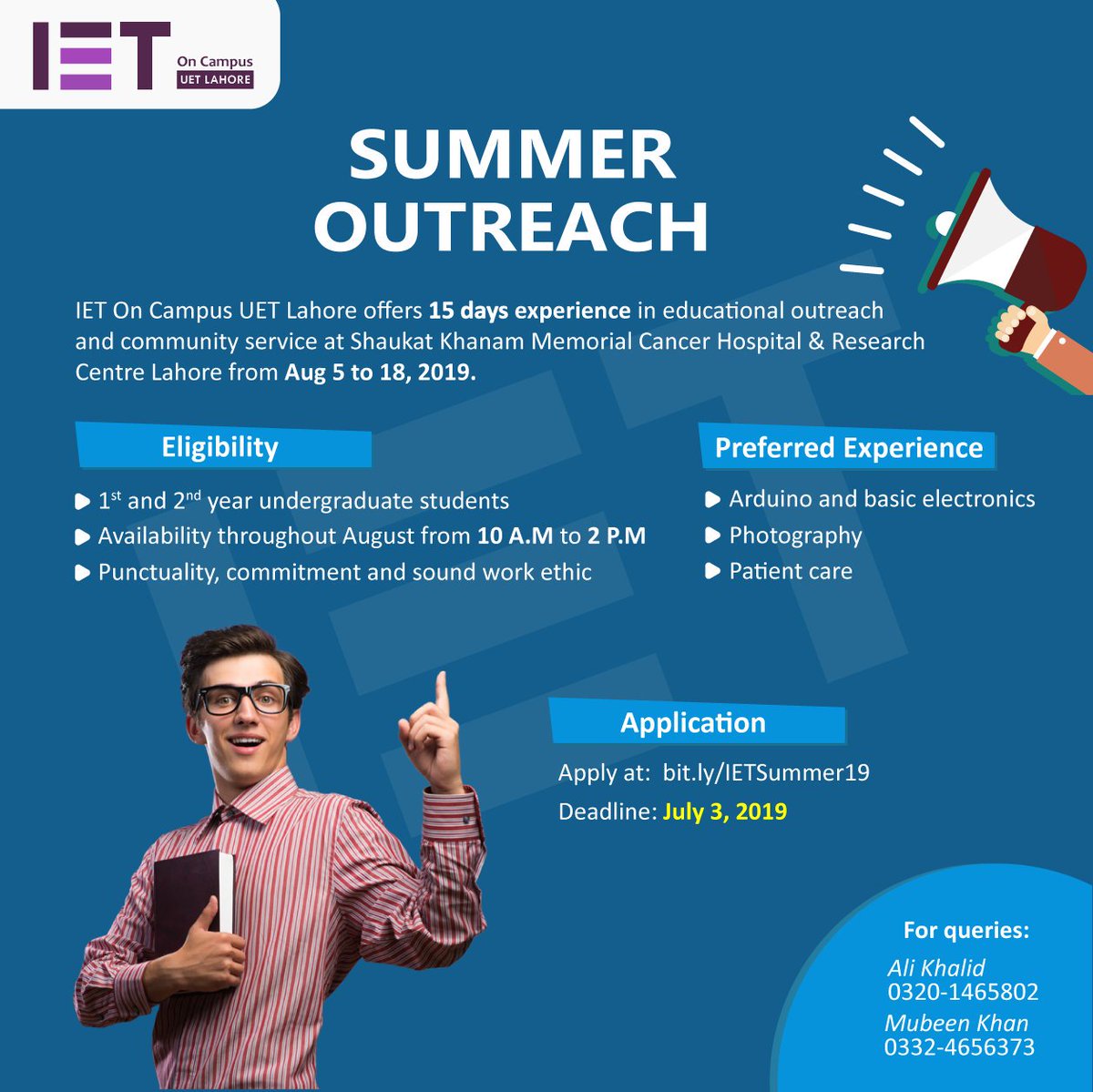 IETOnCampusUET's tweet photo. IET On Campus UET Lahore offers a unique two-week outreach program at Shaukat Khanum Memorial Cancer Hospital and Research Centre, Lahore. This will be a productive experience for freshman and sophomores.
Apply at: https://t.co/lMK2t042HG
#SummerOutreach
#IETOnCampus
#UETLahore https://t.co/mKztCoawgw