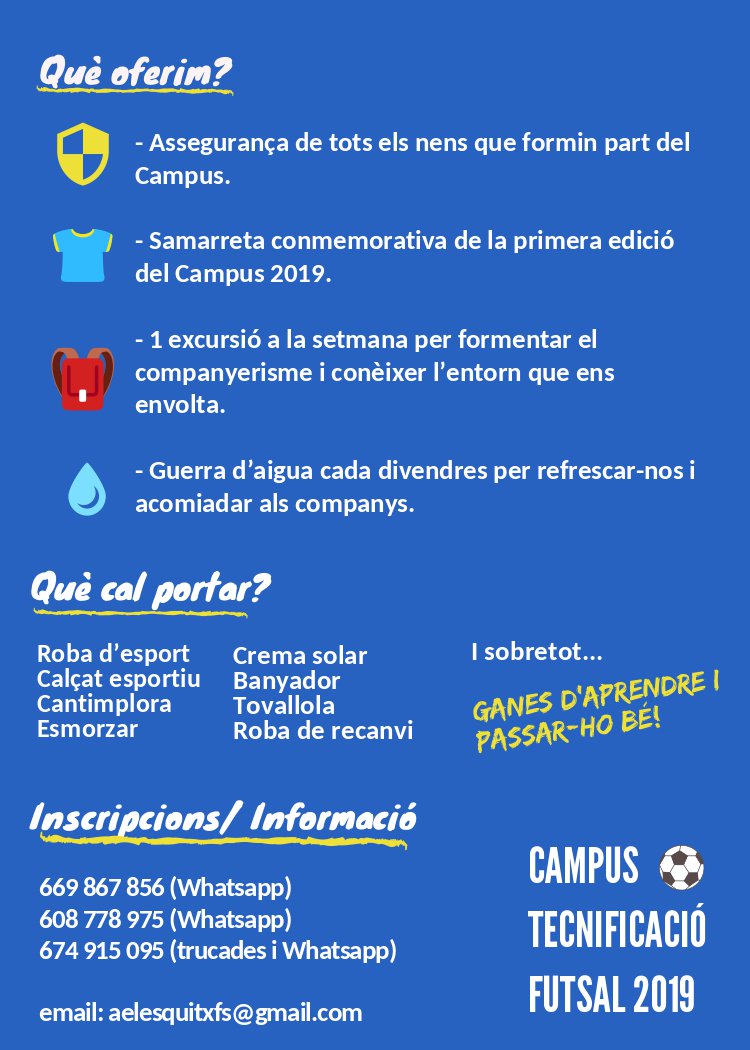 FEsquitx's tweet photo. ⚠️ÚLTIMES PLACES⚠️
⚽CAMPUS DE FUTBOL SALA
📌Sant Sadurní d'Anoia
📆Inscripcions per setmanes
-Del 15 al 19 de juliol
-Del 22 al 26 de juliol
⚽️Campus de tecnificació de futbol sala per a nens i nenes⚽️
@santsadurni_cat @AElEsquitx @FEsquitx https://t.co/17uzy59jcr