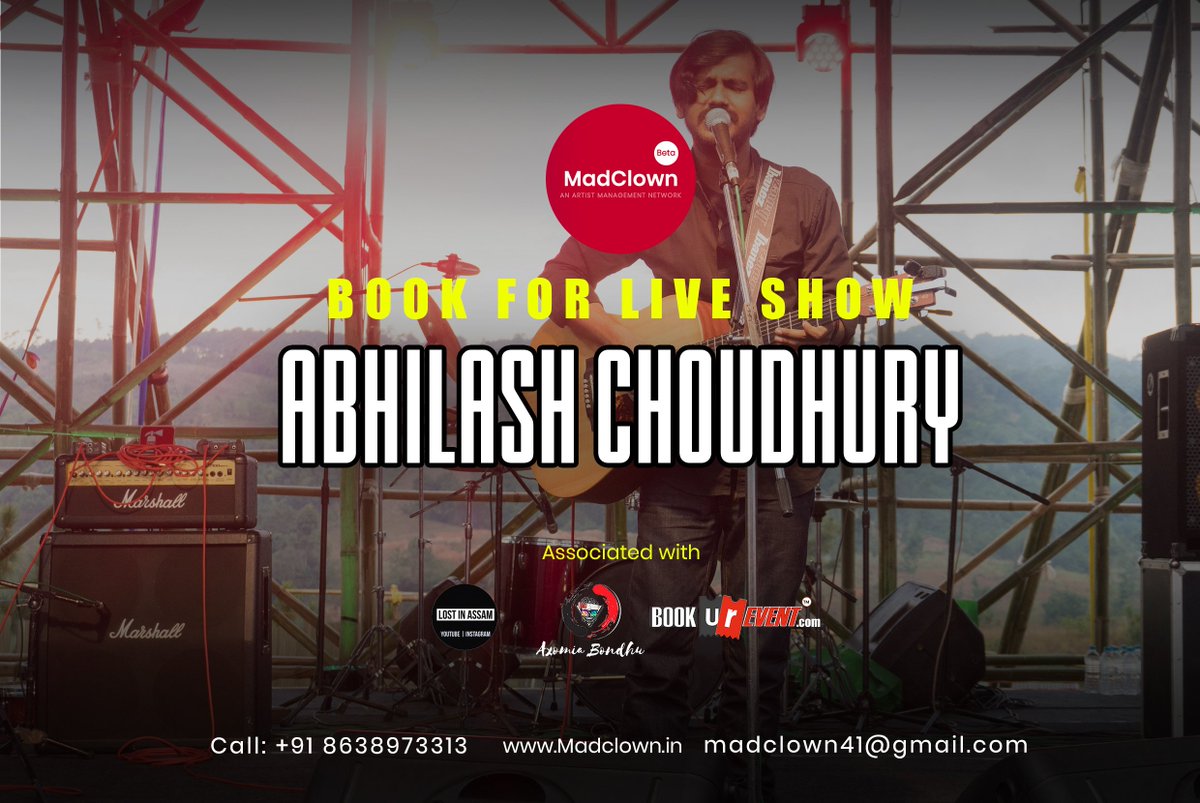 Spend your weekend with the music that touches your soul. Mad Clown presents #AbhilashChoudhury the young and superbly talented songwriter cum versatile singer.

🚨🚨Book for the live show and branding your gig
Call: +91 8638973313
Email: madclown41@gmail.com