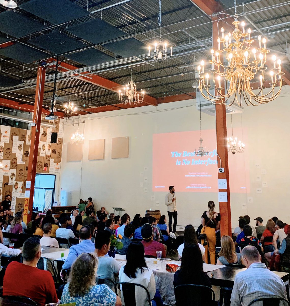 Fellow googler <a href="/goldenkrishna/">Golden Krishna</a> last night at <a href="/ixdaatlanta/">IxDA Atlanta</a> representing the house👏🏻 Go read his book “The Best Interface is No Interface” to get your fix of #designspiration ⚡️ #ixda #noUI #googleux