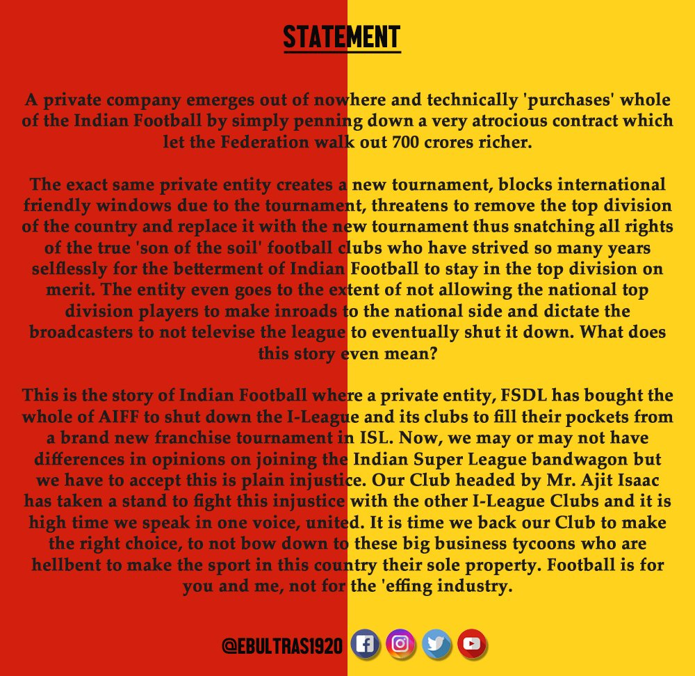 ebultras1920's tweet photo. Our statement regarding the ongoing drama involving I-League and ISL.
#OneNationOneLeague #SaveIndianFootball
#SaveILeague #EastBengalUltras #heroileague #heroisl #indianfootball https://t.co/2LMIztCtRo