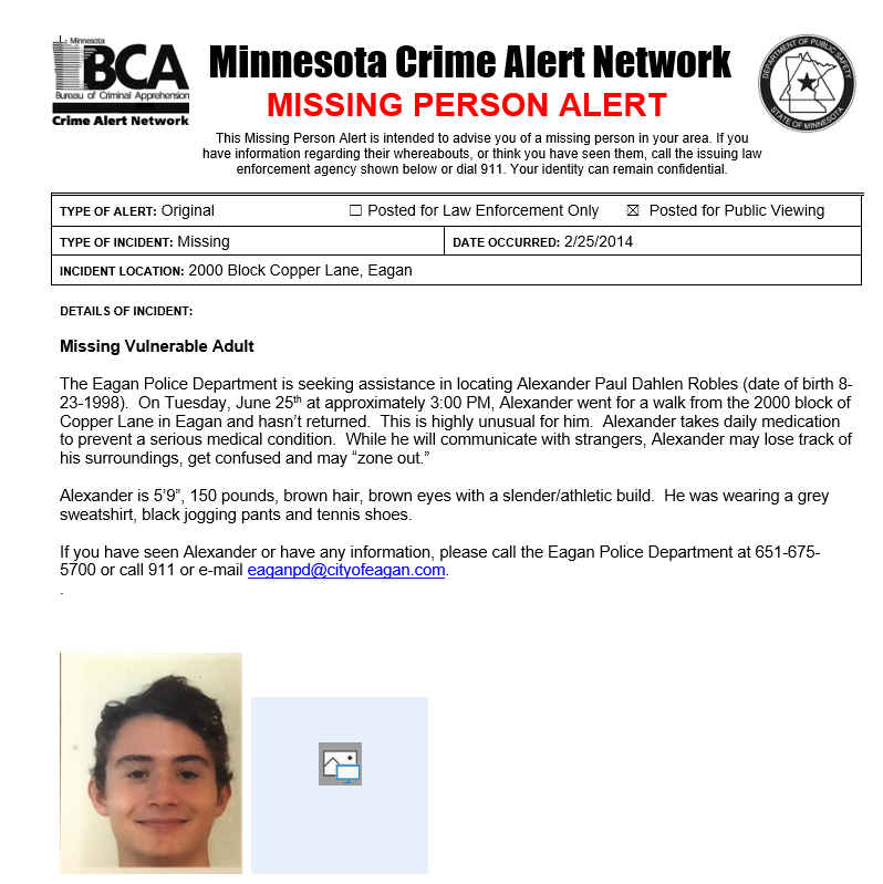EaganPolice's tweet photo. Missing Vulnerable Adult-Eagan PD is asking for the public's help-this young man has been missing since 6/25-he is in need of daily medications and does not have them with him-if you have any information please call us at 651-675-5700 or e-mail eaganpd@cityofeagan.com. https://t.co/Y78RxcclXG
