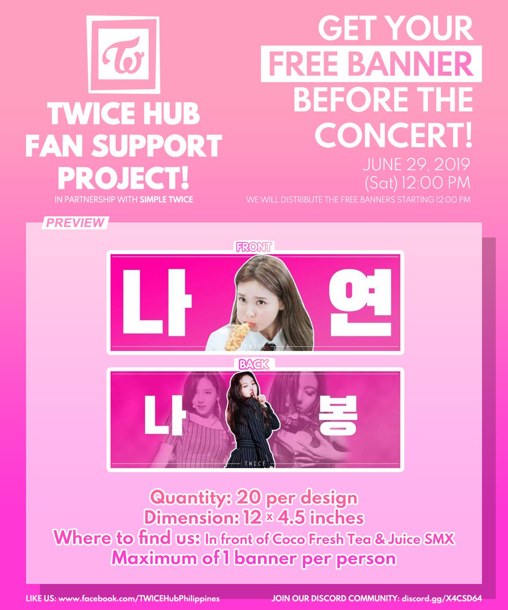 fortwiceph's tweet photo. [NOTICE]

Hello PH ONCEs 🇵🇭

We will be handing out free banners on the D-Day together with TWICE HUB PH! 

How to claim:

- Follow this account
- Fave and RT this tweet
- Show it to us when you claim it!

Strictly 1:1 ratio for banners!

#TWICELIGHTSinMANILA 
#TWICE 
#트와이스 https://t.co/E05jCp6tfJ