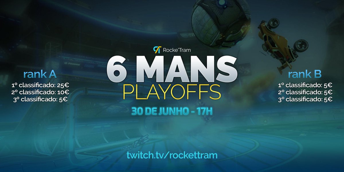 RocketTram's tweet photo. Domingo dia 30, irão decorrer os playoffs mensais de promotion/demotion entre o Rank A e o Rank B, assim como os playoffs de decisão do pódio do Rank A do mês de junho.

Podes acompanhar os jogos na stream da Rocke'Tram a partir das 17h. Esperamos por ti!

https://t.co/CbXRAuq506 https://t.co/Gd7yJ789Nq