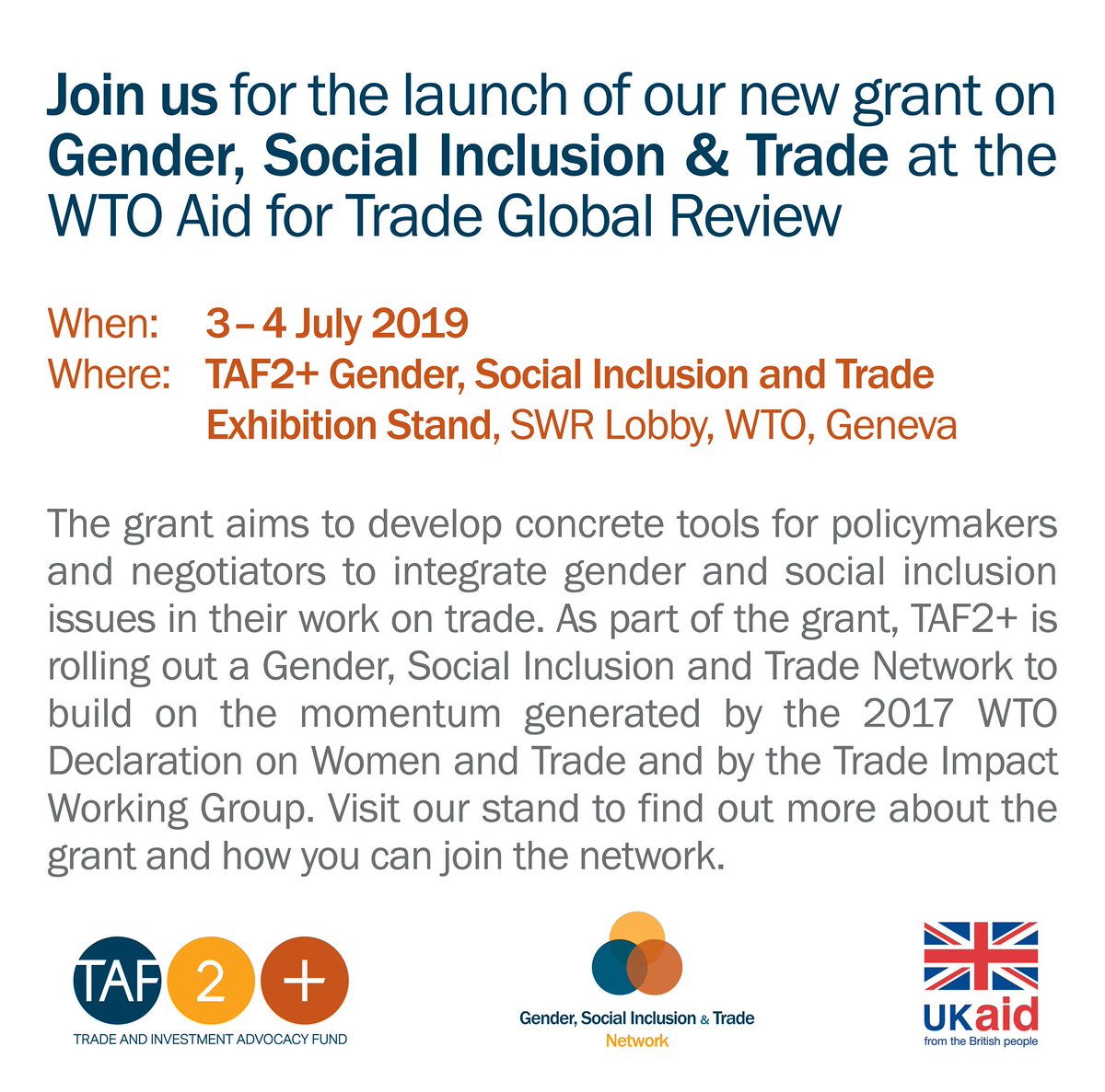 TAF2PLUS's tweet photo. Join us for the launch of our new grant on #Gender, #SocialInclusion, and #Trade at #Aid4Trade Global Review 2019 from 3-4 July, SWR lobby, WTO in Geneva https://t.co/ZmIbS603Y8