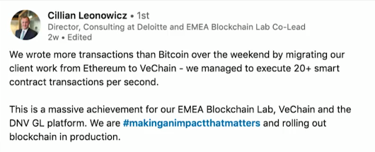-More Transactions Than Bitcoin-April 27th, the first time that the VeChainThor Blockchain processed more transactions at a 24-hour period than the Bitcoin Blockchain, as a result of certificate migration from  @ethereum to VeChain through a Dapp by  @Deloitte.  $VET  #VET 12)