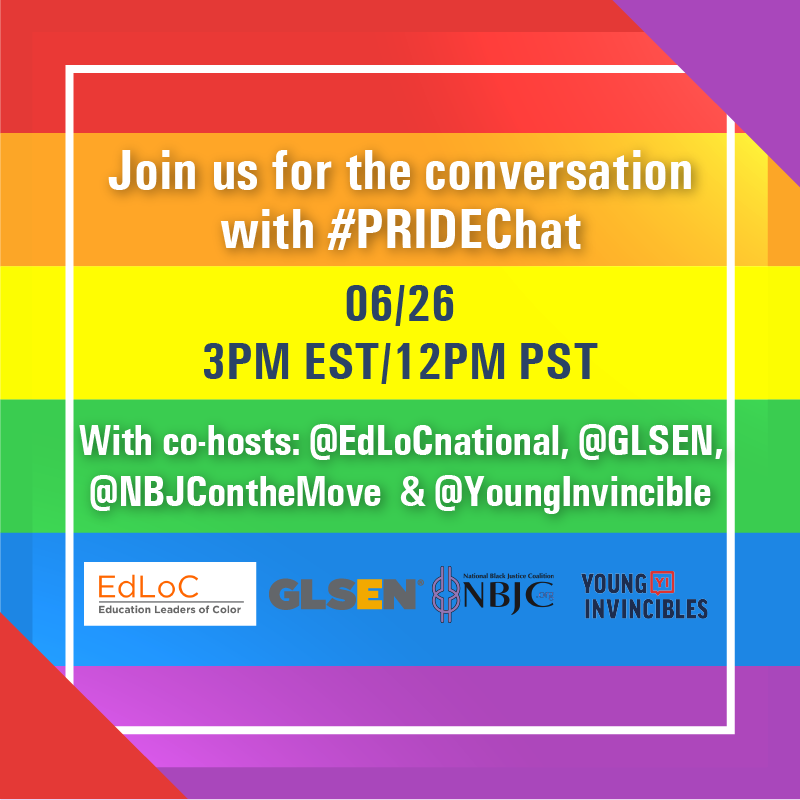 GLSEN's tweet photo. Today at 3!
Join us for a #PRIDEChat with @EdLoCnational, @NBJContheMove, @YoungInvincible, hosted by @EdTrust to discuss how schools can support and elevate #Pride!
#pride #pridemonth #lgbt #lgbtq #queer #trans #bi #gay #lesbian #lgbtqyouth https://t.co/AEJyRd8YDB