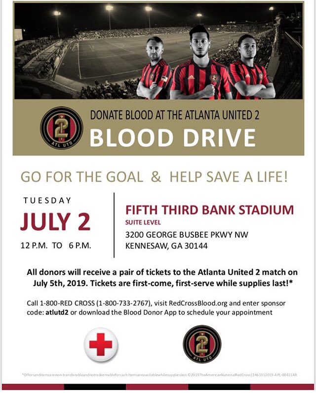 Come donate blood at the <a href="/atlutd2/">ATL UTD 2</a> blood drive at Fifth Third Bank Stadium on 7/2 &amp; get free game tickets to the 7/5 match at 7:30, only while supplies last. We will also be having post-game fireworks to celebrate the Fourth of July! rcblood.org/2EXPZib