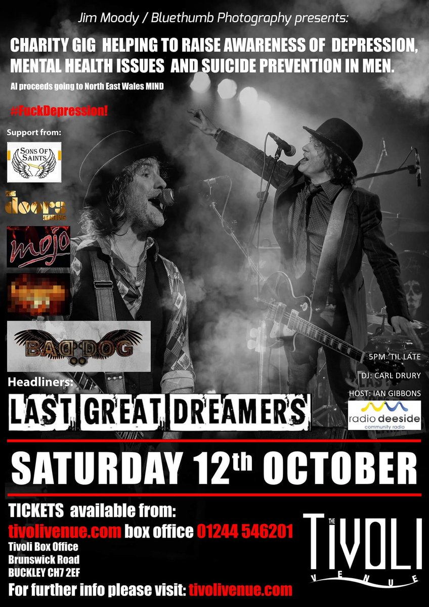 #FuckDepression charity gig raising awareness to help suicide prevention amongst men. At the legendary <a href="/Tivoli_Venue/">The Tivoli Venue</a> with <a href="/LGDreamers/">Last Great Dreamers</a> headlining a six band bill. All proceeds to <a href="/MindCharity/">Mind</a> North East Wales tivolivenue.com/product/last-g…