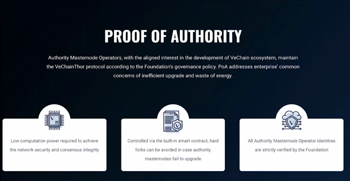 -Why Proof Of Authority?-E.g. with 'Proof of Stake' a whale with a high 'stake' could only have a financial interest.As for PoA:'The reputation and the genuine business interest of the participants who validate' weigh very heavy to be able to run an Autority Node.  #VET 3)