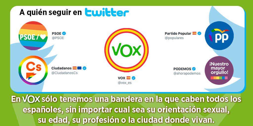 vox_es's tweet photo. En VOX sólo tenemos una bandera en la que caben todos los españoles, sin importar cual sea su orientación sexual, su edad, su profesión o la ciudad donde vivan 🇪🇸💪 https://t.co/5FFK0qbOot