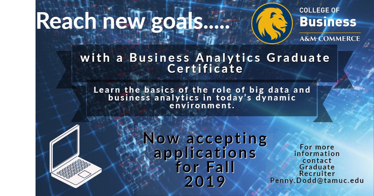 ETAMUCOB's tweet photo. Interested in Big Data, Applied decision modeling, advanced analytics but not sure where to start? TAMUC offers a Graduate certificate in Business Analytics! 4 classes will start you on your way to new skills!
For more info contact penny.dodd@tamuc.edu
#Tamuccob #Analytics https://t.co/Ul1HLXNSwR