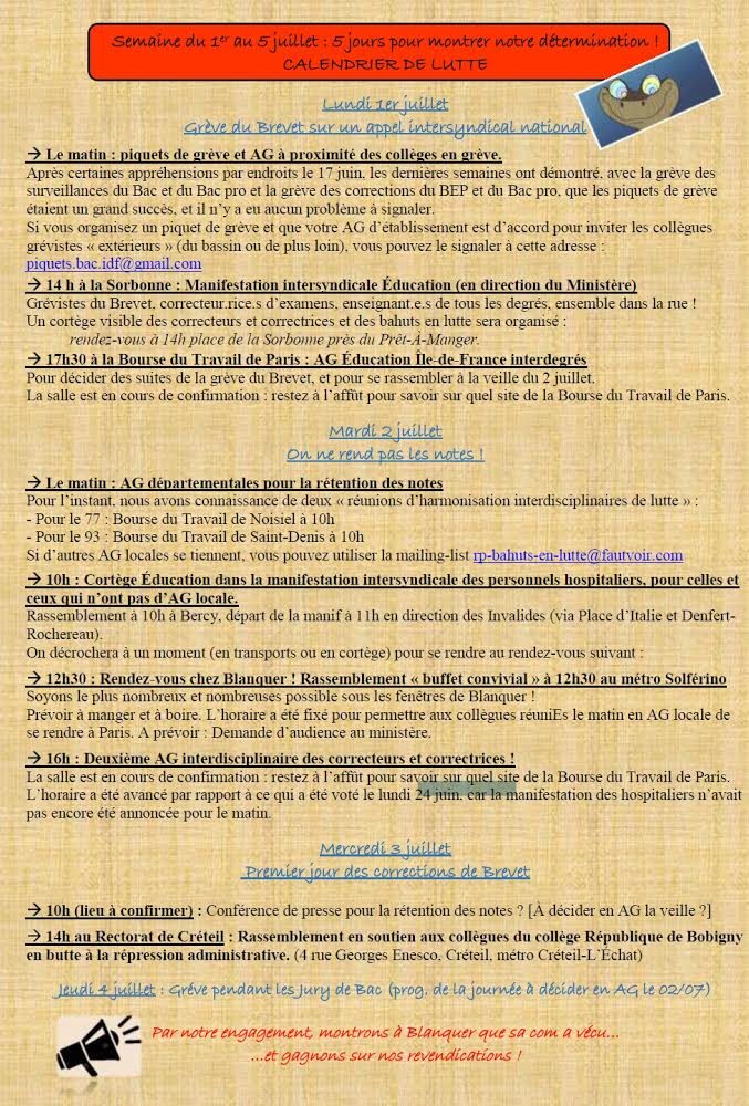 Calendrier des mobilisations de la semaine contre les réformes Blanquer en Île de France (fait par le groupe de travail IdF d’hier). Francilien.nes, diffusez largement !