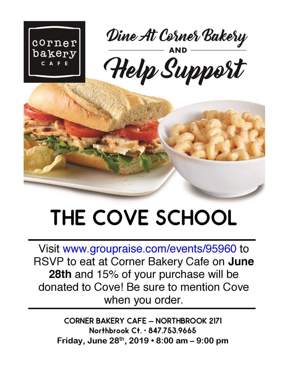 TODAY, head to the Corner Bakery at Northbrook Court and support Cove! RSVP via the link below or mention Cove and 15% of your purchase total will go to Cove. Thanks for your support! groupraise.com/events/95960