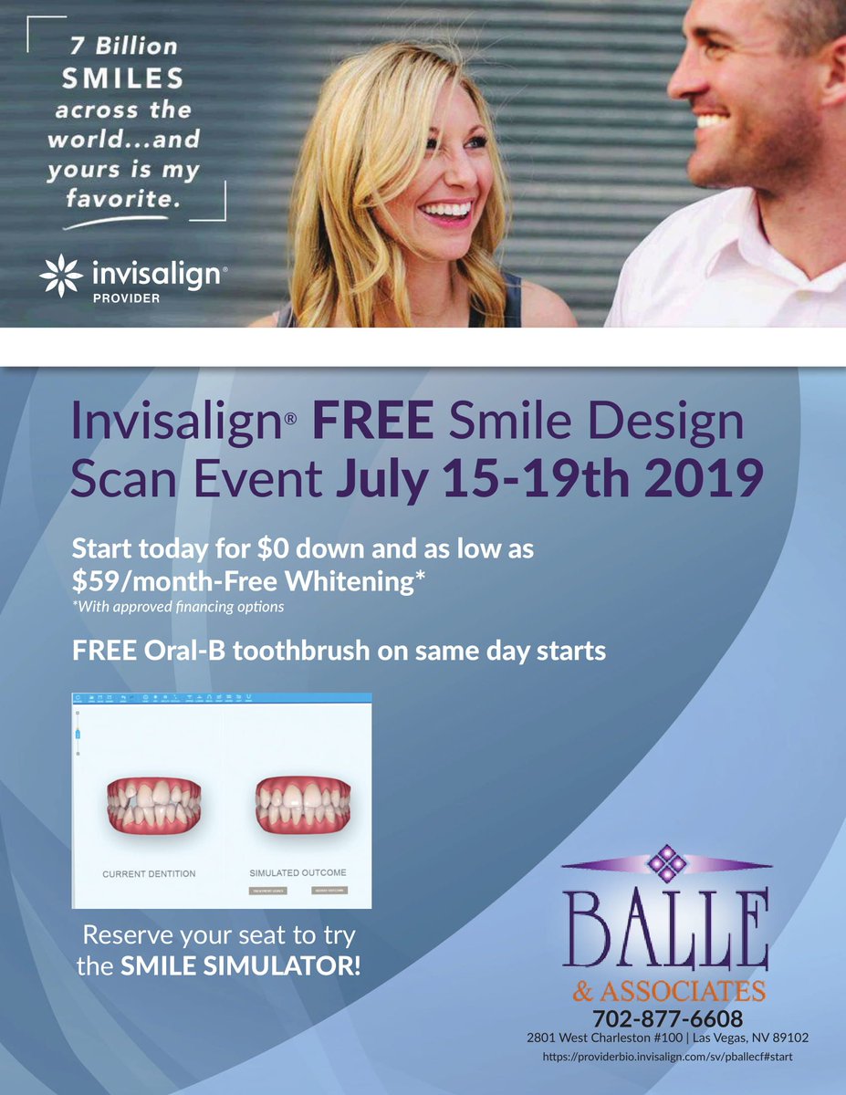 Balledds's tweet photo. Balle &amp; Associates is having an Invasalign® FREE Smile Design Scan Event July 15-19, 2019.  Call us to reserve your seat: (702) 877-6608 or try the Smile Simulator here: https://t.co/6UnQ8l0hZQ https://t.co/78d7oHKnwL