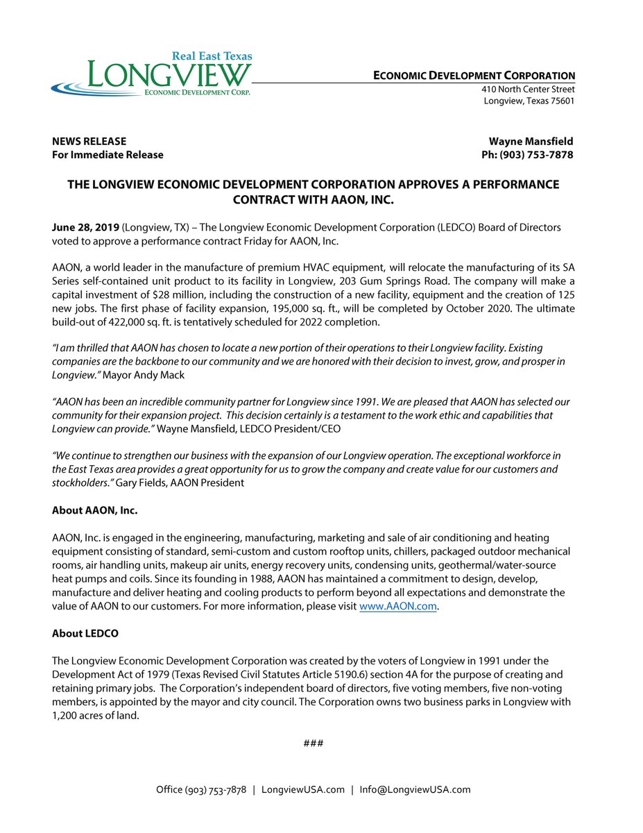 LongviewTxEDC's tweet photo. LEDCO Board of Directors approved a performance contract this morning with AAON Inc.. This project will include a $28 million capital investment including the construction of a new facility, equipment, and the creation of 125 new jobs! #longviewtx #economicdevelopment https://t.co/izSczsWFMb