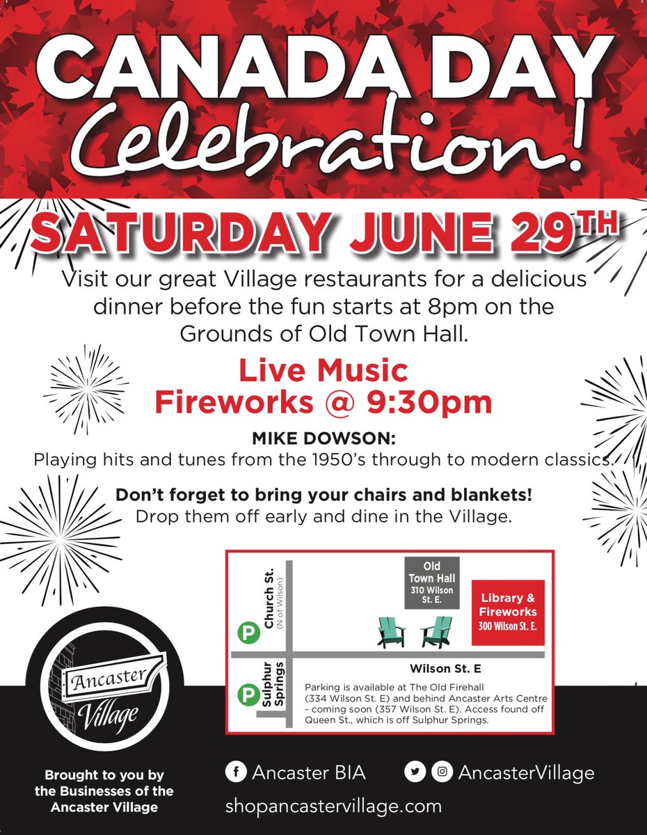 Tomorrow we will be having a Canada day Celebration in front of Old Town Hall from 8-10pm! Fireworks at 9:30pm!