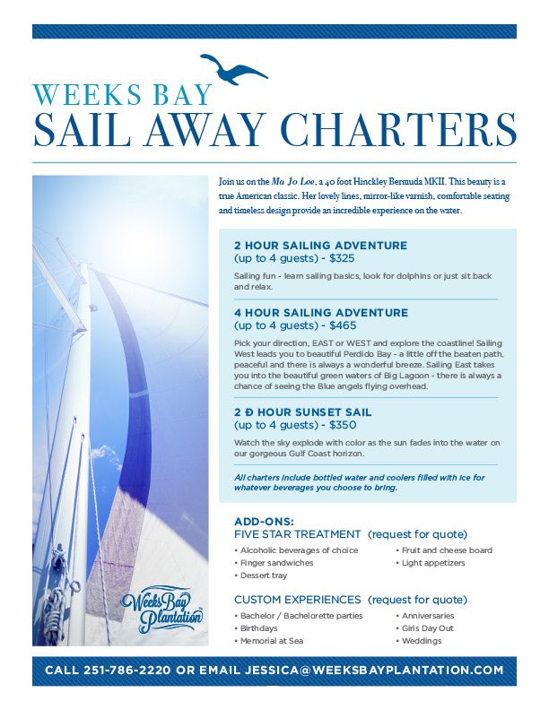 Well here is some exciting news! 
We are now offering sailing adventures (WEEKS BAY SAIL AWAY)!
To book your tour and for specific pricing info, please contact jessica@weeksbayplantation.co

#weeksbayplantation #sailaway #charter #summertimefun #getonthewater #fairhopealabama