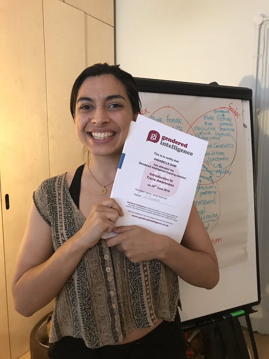 feveredsleep's tweet photo. @annabellesami proudly displaying her certificate after a full & informative & joyful training session with @Genderintell. We thank you #transinclusive #transaware https://t.co/fP55EShNvP