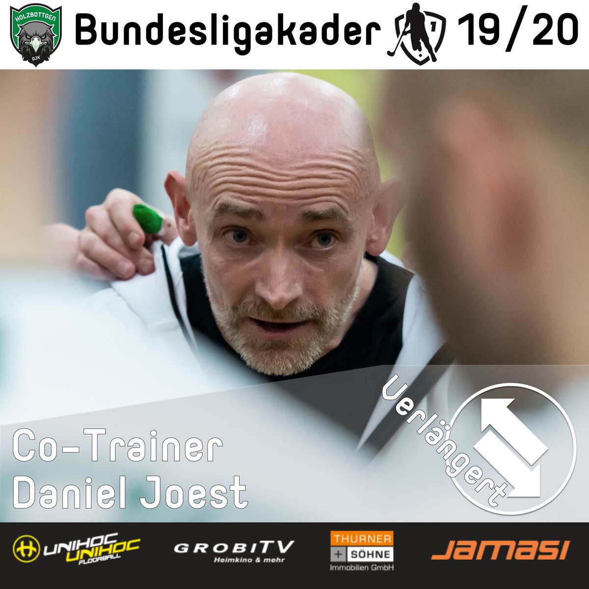 DJKFloorball's tweet photo. Joest bleibt! Und schlüpft in eine neue Rolle: Der langjährige Headcoach der Grün-Weißen wird im Trainerteam neben Cheftrainer Jesse Backmann als zweiter Mann hinter der Bande stehen.
#hejadjk #fdsilly #preseason #Joesttransformation #einpunktistkeinpunkt https://t.co/fXdiu1VBKi
