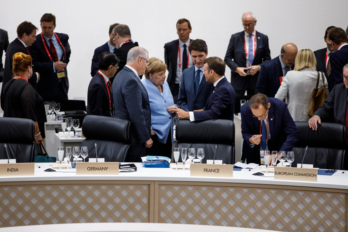 JustinTrudeau's tweet photo. A busy first day at the #G20 in Osaka, Japan. We had productive meetings and working sessions focused on creating more jobs &amp; opportunities for the middle class in Canada, increasing trade, and promoting gender equality. https://t.co/6BT7D6EY7H